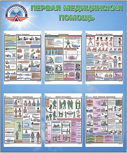 Стенд Первая медицинская помощь, 6 плакатов А3 (1000х1200,Пластик ПВХ 4 мм, пластиковый профиль)